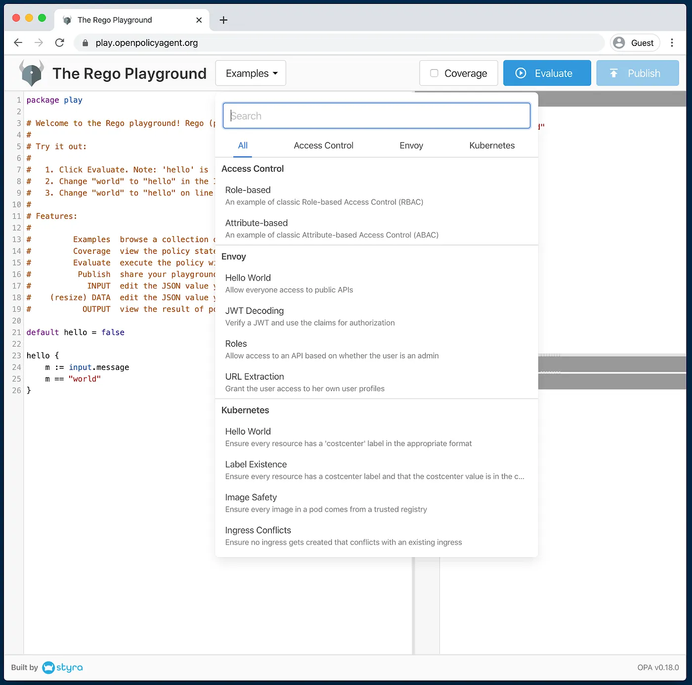 Rego Playground examples catalogue