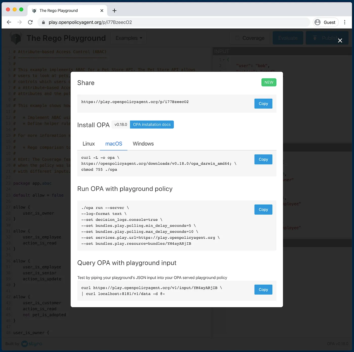 Rego Playground publish bundle workflow
